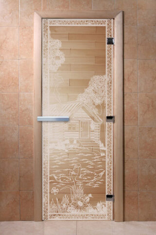 Дверь для бани/сауны DoorWood Банька в лесу прозрачная(Размер 1900*800 мм, Расположение Правая)