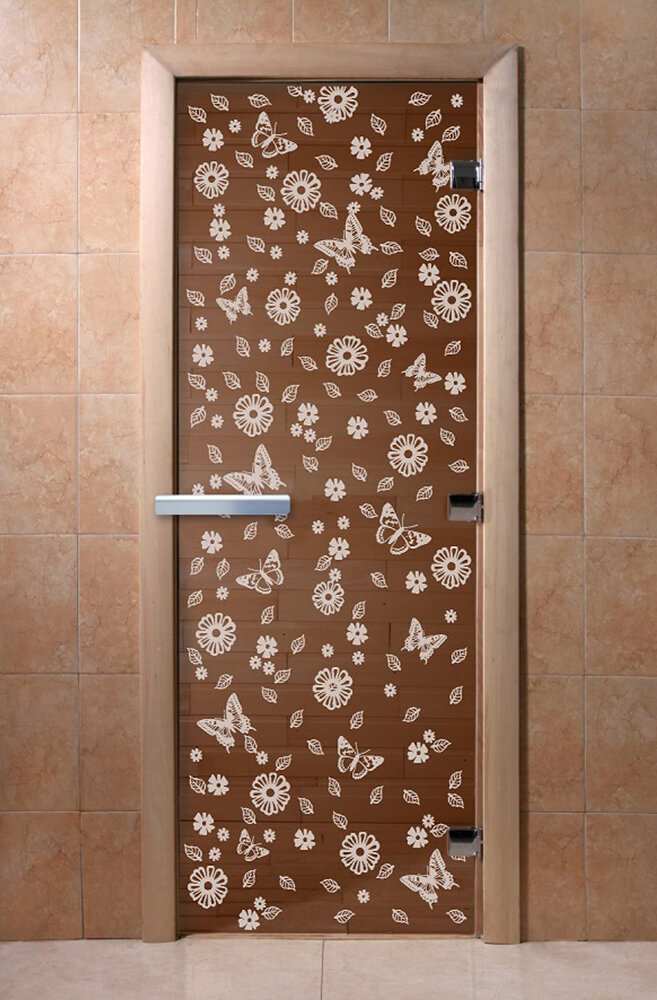 Дверь для бани/сауны DoorWood Цветы и бабочки бронза(Размер 1900*700 мм, Расположение Правая)