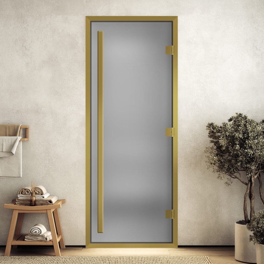 Дверь DoorWood Хамам Престиж в золотом профиле(Размер 1900*800 мм, Цвет стекла Бронза, Расположение Правая)