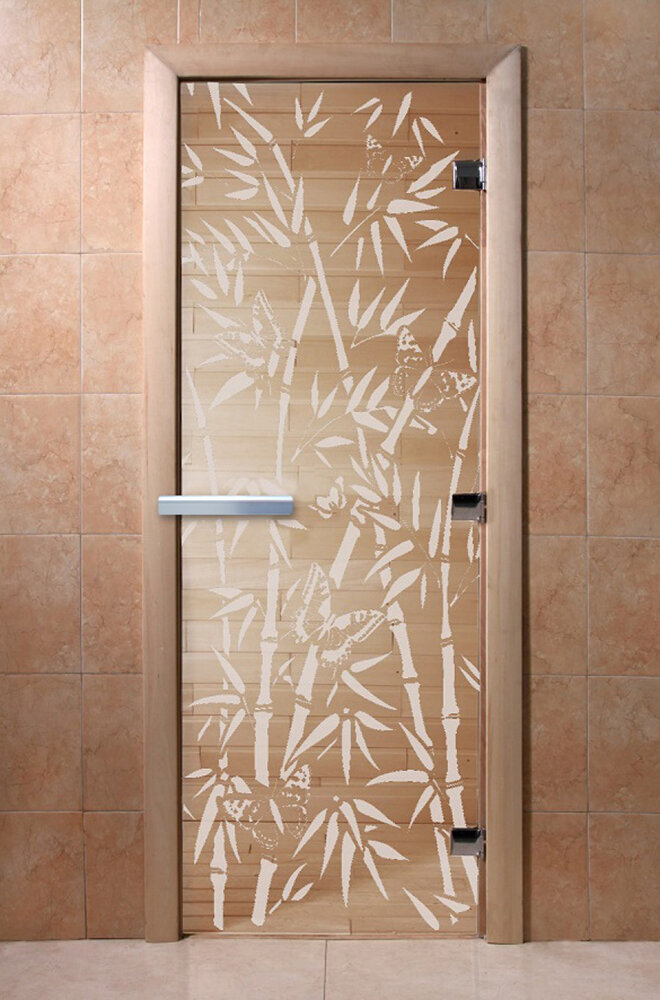 Дверь для бани/сауны DoorWood Бамбук и бабочки прозрачная(Размер 2000*600 мм, Расположение Правая)