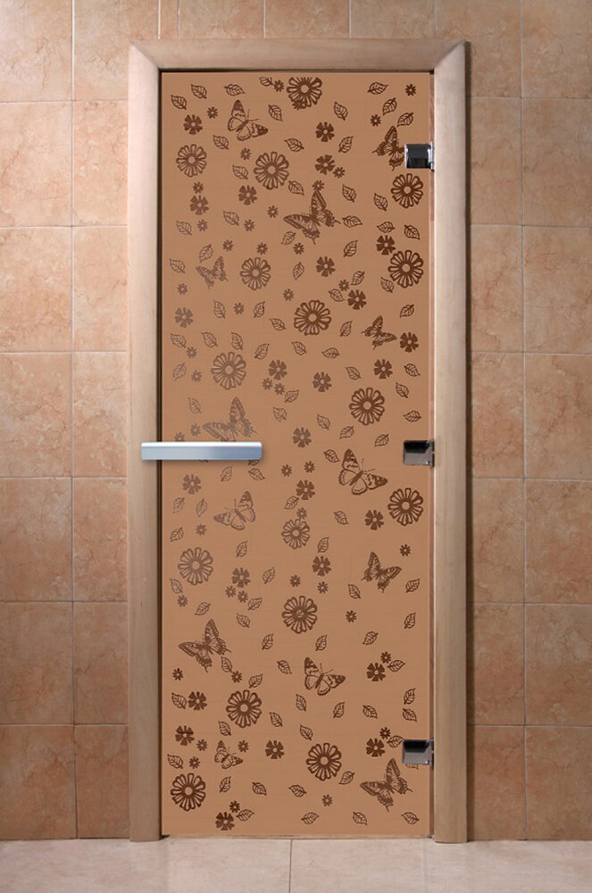 Дверь для бани/сауны DoorWood Цветы и бабочки бронза матовая(Размер 2100*700 мм, Расположение Правая)